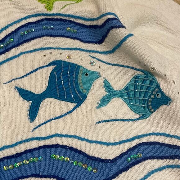 Vintage Design Options L Fish Sequin Cardigan | Rare Coastal Grandma Cottagecore - Picture 9 of 13